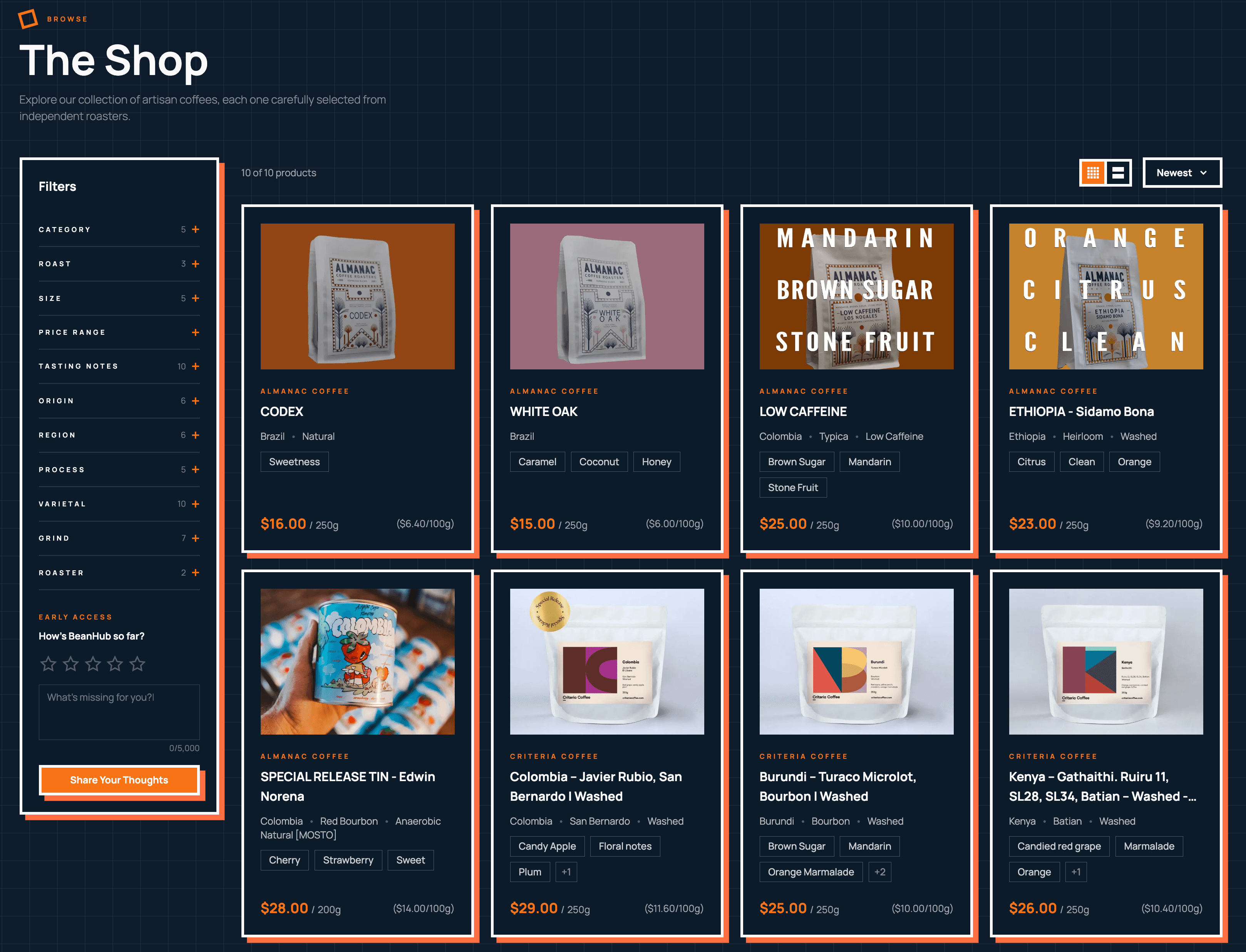 Preview of the BeanHub marketplace showing specialty coffees from independent roasters