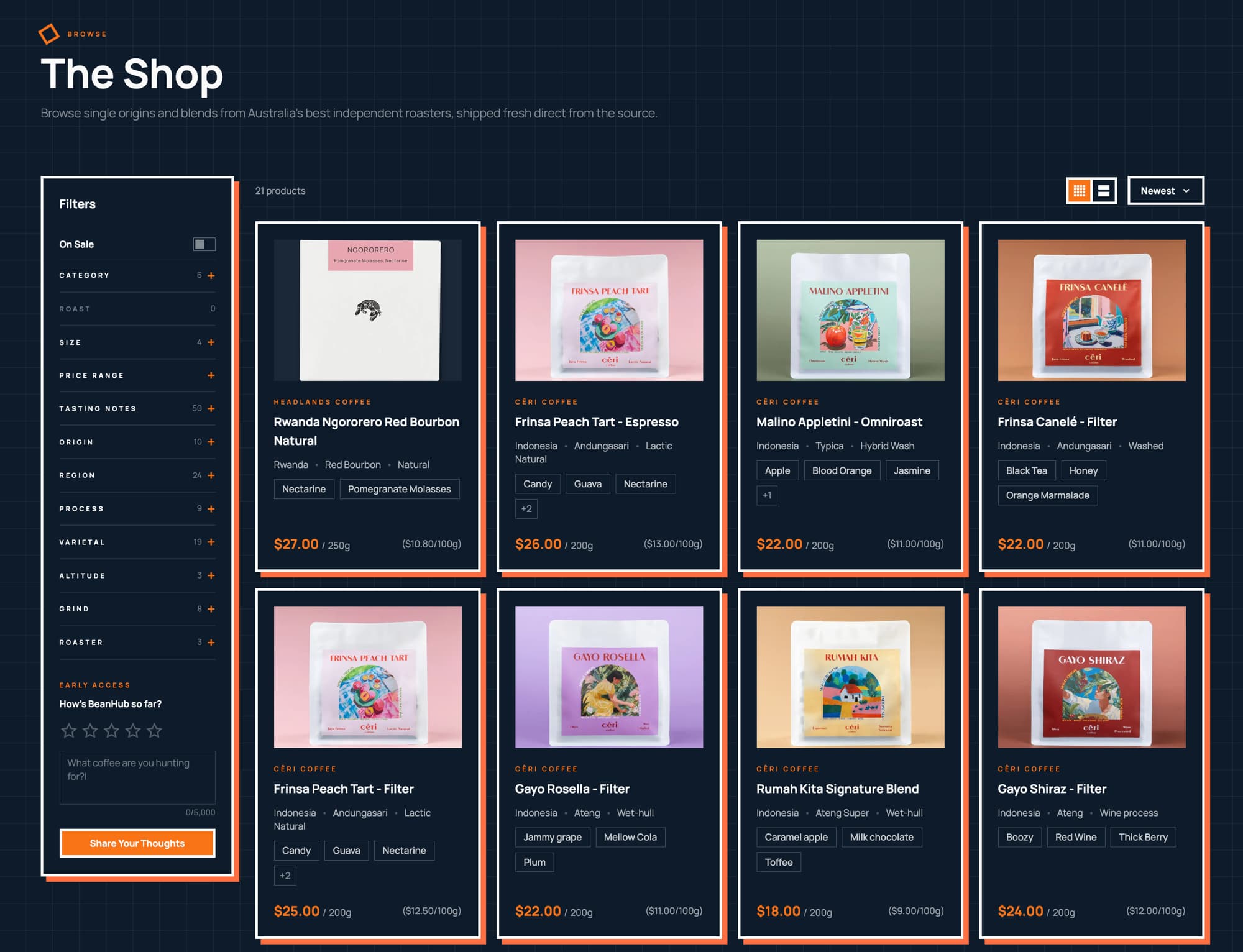 Preview of the BeanHub marketplace showing specialty coffees from independent roasters