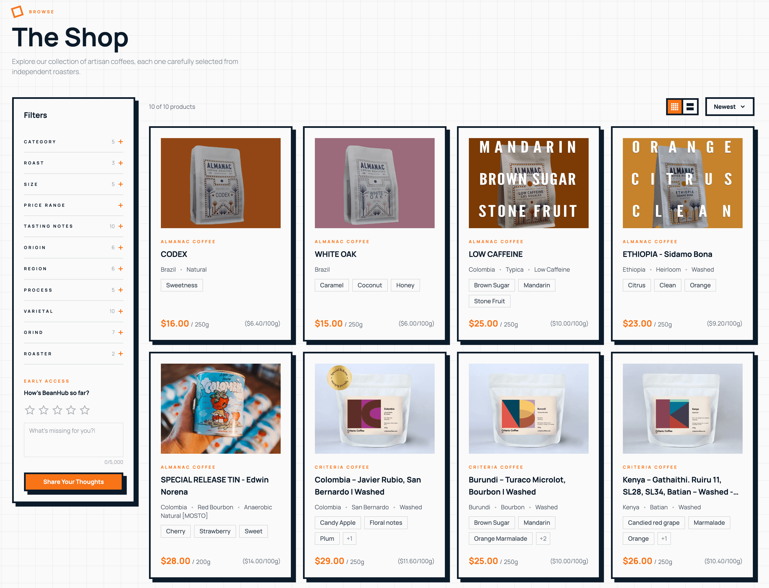 Preview of the BeanHub marketplace showing specialty coffees from independent roasters