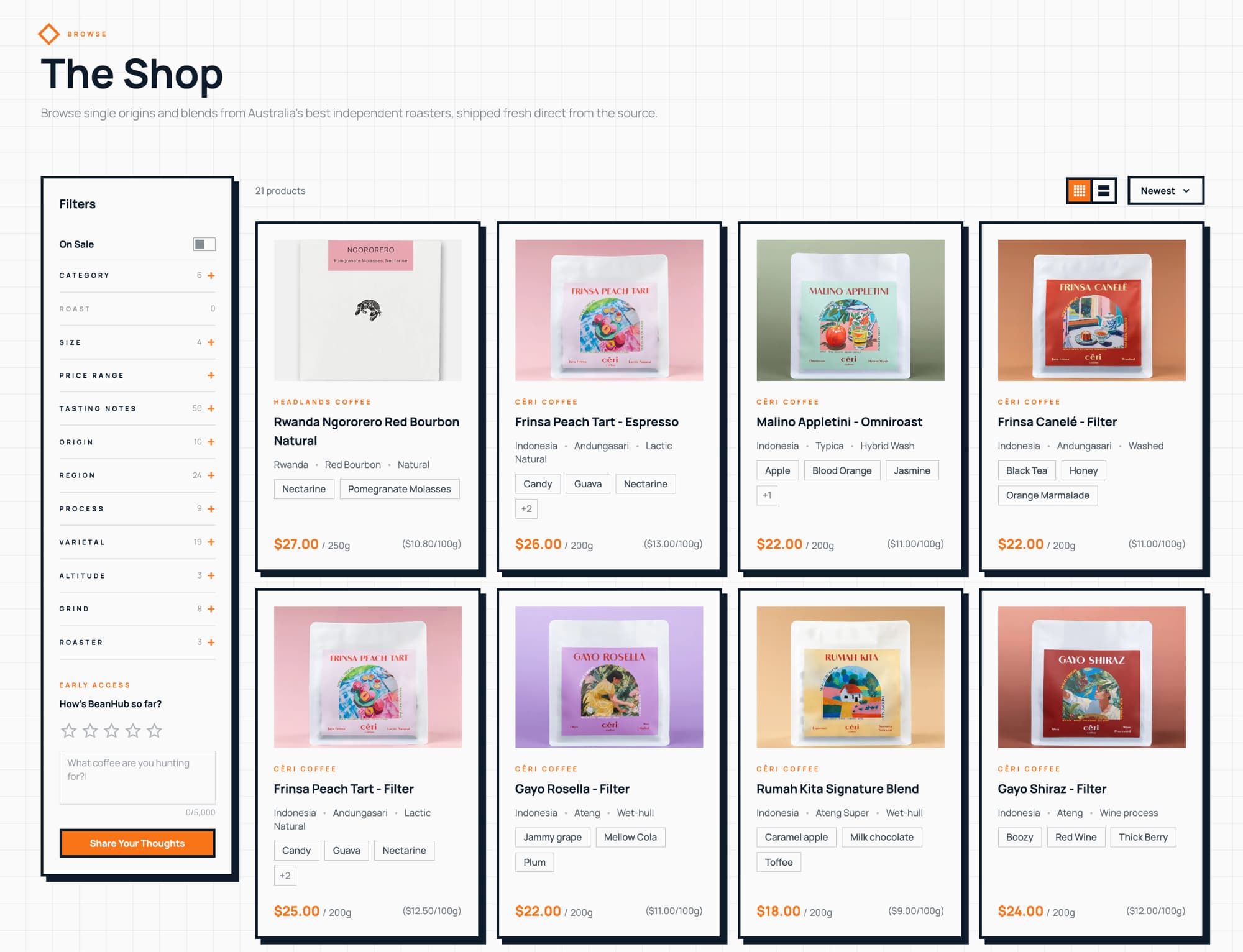 Preview of the BeanHub marketplace showing specialty coffees from independent roasters